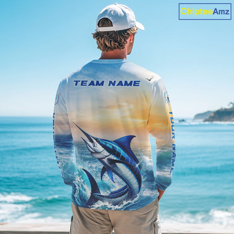 Blue Marlin Fishing Sunset Custom Fishing Long Sleeve Shirt, Marlin Compass Offshore Fishing Apparel NBT584