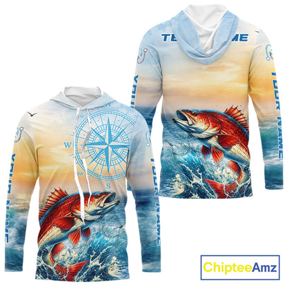 Redfish Fishing Sunset Custom Fishing Long Sleeve Hooded Shirt, Redfish Compass Offshore Fishing Apparel NBT587