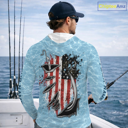 Custom Bass Fishing Long Sleeve Hooded American Flag Fish Reaper Fishing Shirts, Bass Fishing Jerseys NBT729