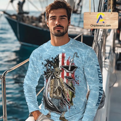 Custom Bass Fishing Long Sleeve American Flag Fish Reaper Fishing Shirts, Bass Fishing Jerseys NBT729