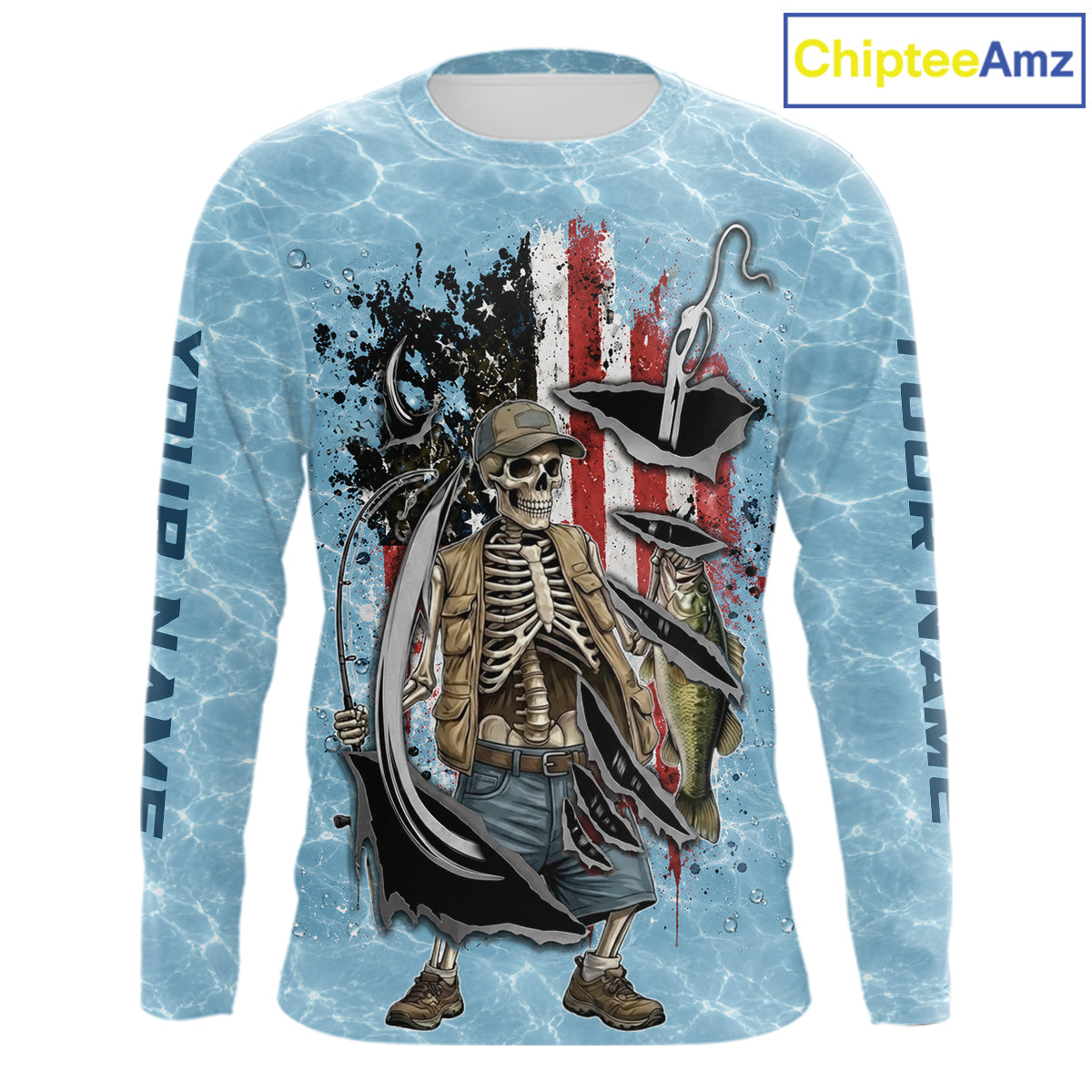 Custom Bass Fishing Long Sleeve American Flag Fish Reaper Fishing Shirts, Bass Fishing Jerseys NBT729