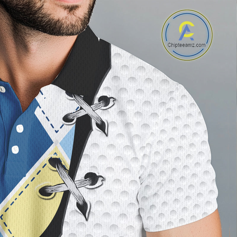 Blue and yellow golf argyle plaid pattern on mens custom golf polo shirt