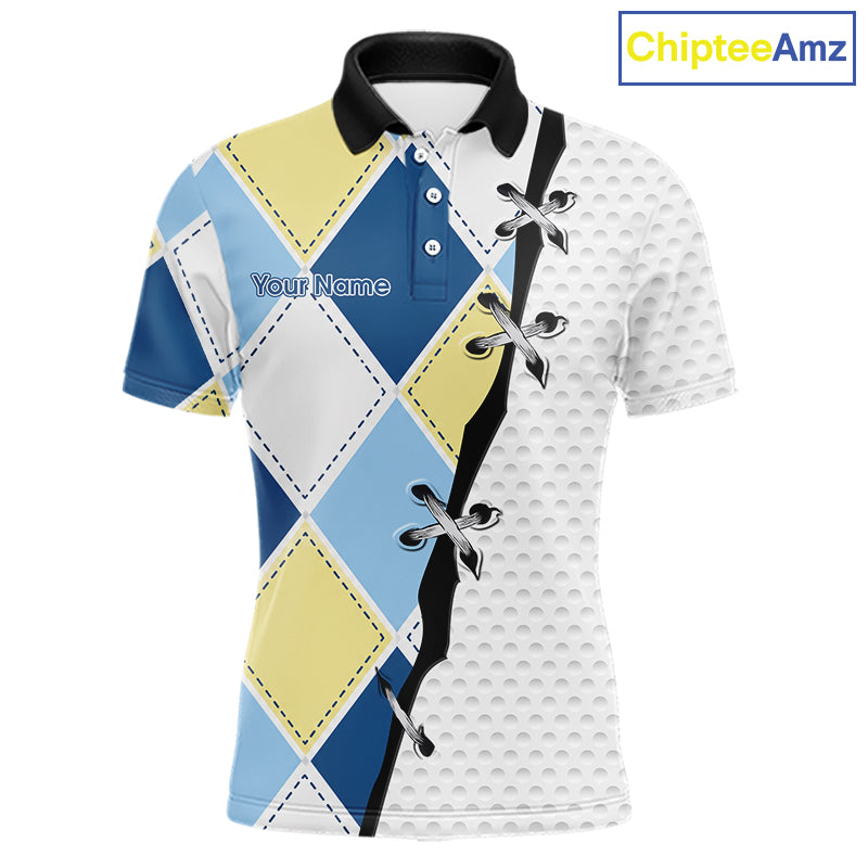 Mens golf polo shirt custom blue and yellow argyle plaid pattern - front view