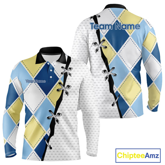 Mens long sleeve golf polo shirt custom blue and yellow argyle plaid pattern - front view