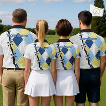 Load image into Gallery viewer, Mens golf polo shirt blue and yellow argyle plaid with custom player name and team – front view variant