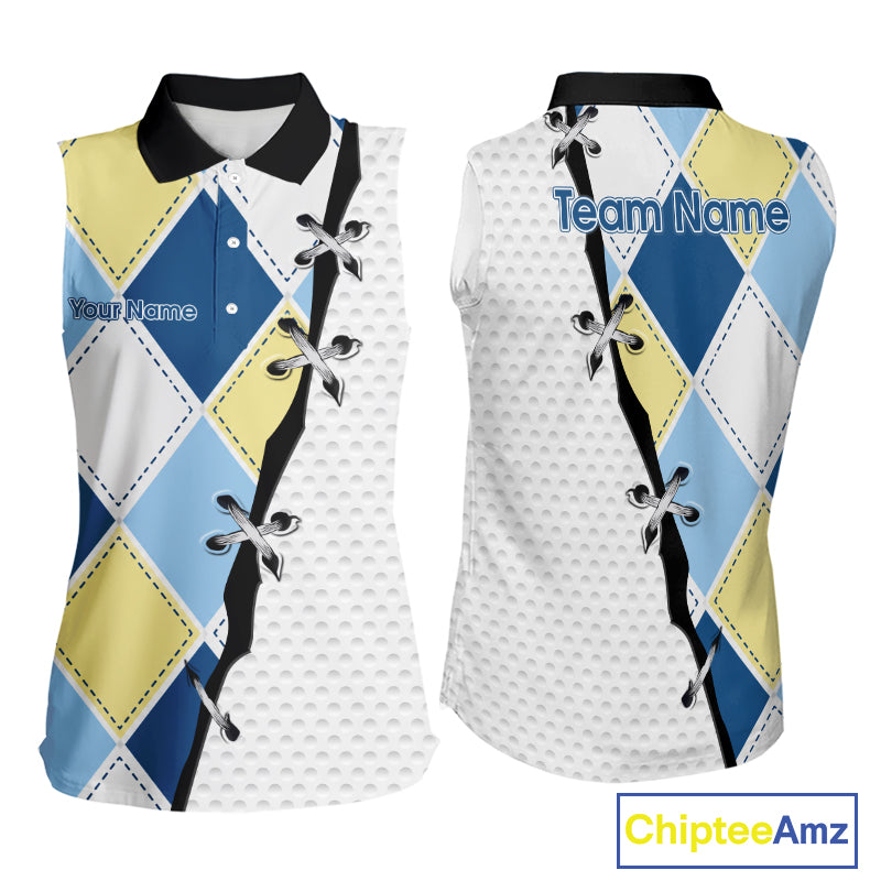front and back view of blue and yellow golf argyle plaid pattern womens sleeveless golf polo