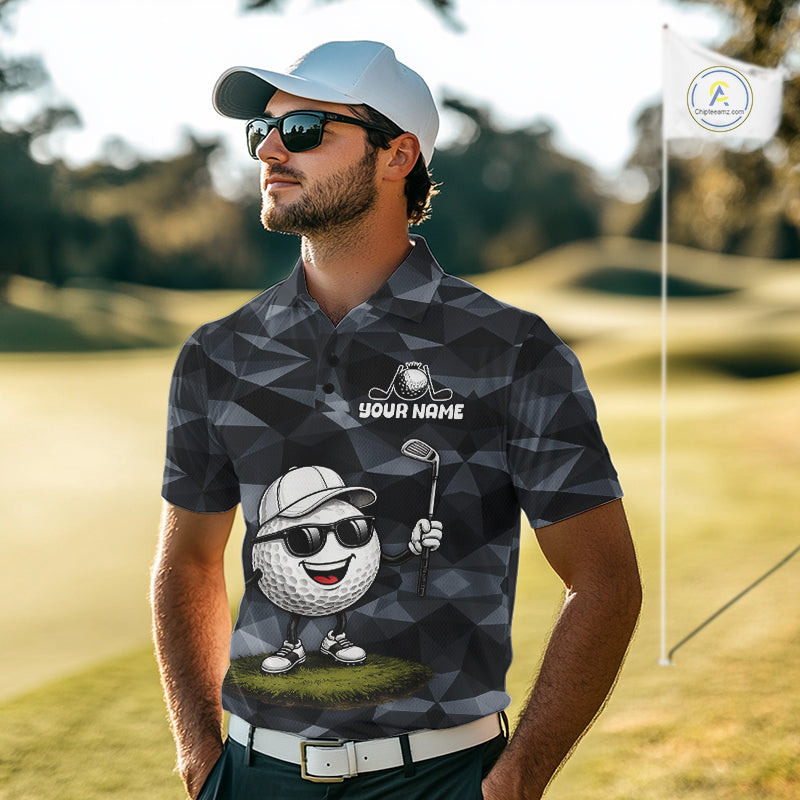 Model wearing funny mens golf polo shirt with custom golf ball camo pattern, unique mens golf outfit and funny golf gift idea