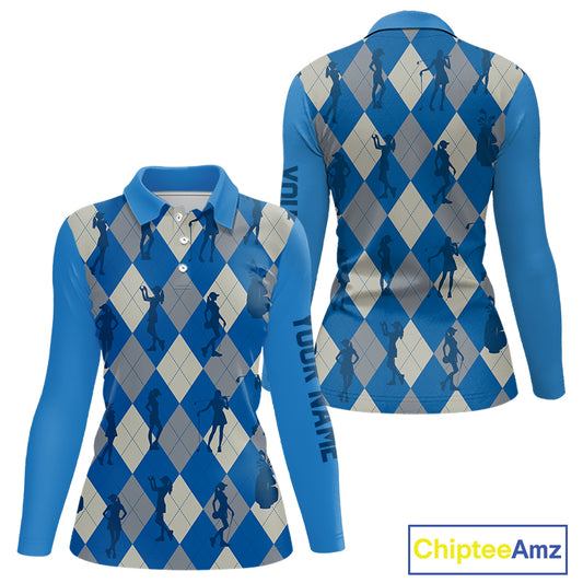 Blue Argyle Womens Golf Polo Shirts, Golf Shirts Custom Team Golf Polo For Ladies Team Golf Tops NBT489