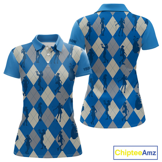 Blue Argyle Womens Golf Polo Shirts, Golf Shirts Custom Team Golf Polo For Ladies Team Golf Tops NBT489