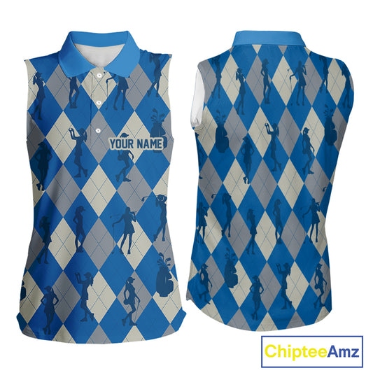 Blue Argyle Womens Sleeveless Golf Polo Shirts, Golf Shirts Custom Team Golf Polo For Ladies Team Golf Tops NBT489