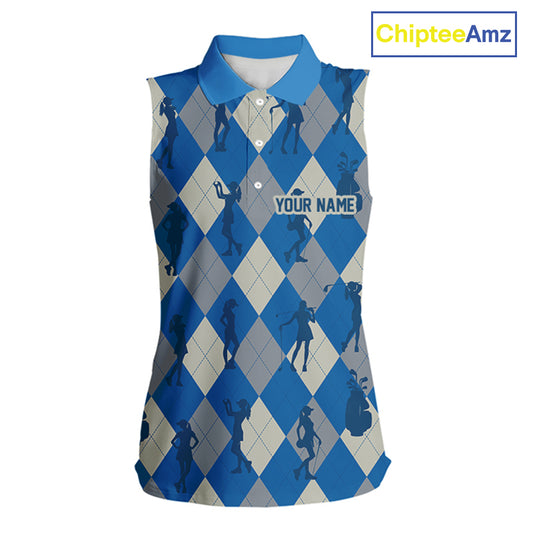 Blue Argyle Womens Sleeveless Golf Polo Shirts, Golf Shirts Custom Team Golf Polo For Ladies Team Golf Tops NBT489