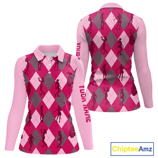 Pink Argyle Womens Golf Polo Shirts, Golf Shirts Custom Team Golf Polo For Ladies Team Golf Tops NBT490