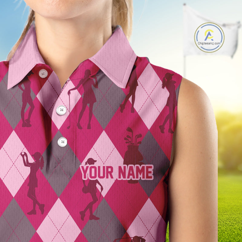 Pink Argyle Womens Sleeveless Golf Polo Shirts, Golf Shirts Custom Team Golf Polo For Ladies Team Golf Tops NBT490
