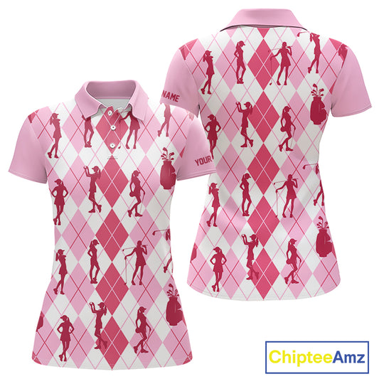 Light Pink Argyle Womens Golf Polo Shirts, Golf Shirts Custom Team Golf Polo For Ladies Team Golf Tops NBT491