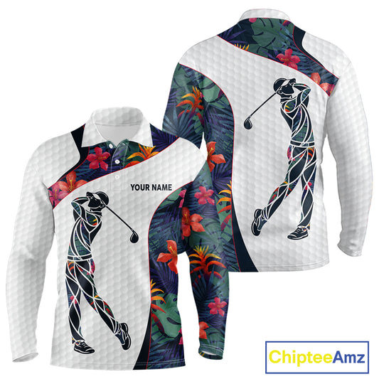 Custom Name Colorful Tropical Pattern Golf Men's Polo Shirt, White Golf Shirt, Team Golf Top NBT498