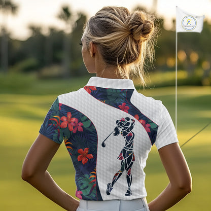 Custom Name Colorful Tropical Pattern Golf Women's Polo Shirt, White Golf Shirt, Team Golf Top NBT498