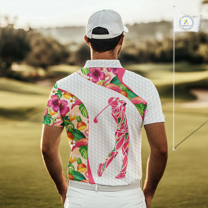 Colorful Tropical Pattern Mens Golf Polo Shirt Custom Name White Golf Shirt, Golf Gifts NBT499