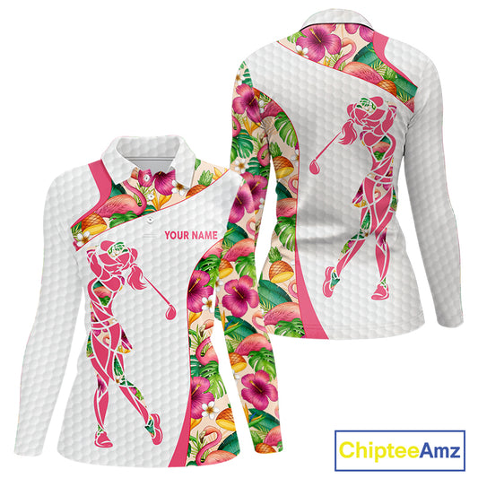 Colorful Tropical Pattern Womens Golf Polo Shirt Custom Name White Golf Shirt, Golf Gifts NBT499