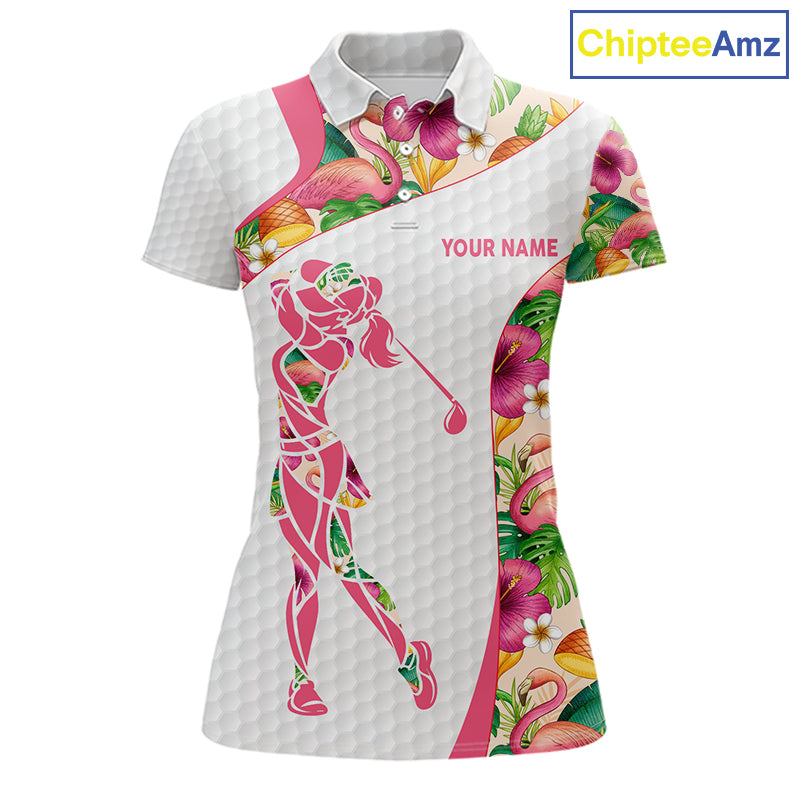 Colorful Tropical Pattern Womens Golf Polo Shirt Custom Name White Golf Shirt, Golf Gifts NBT499