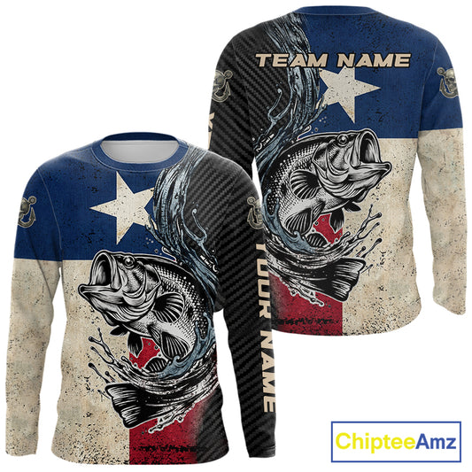 Front and back view of Texas Flag Bass Fishing Shirt custom long sleeve UPF largemouth bass fishing shirt