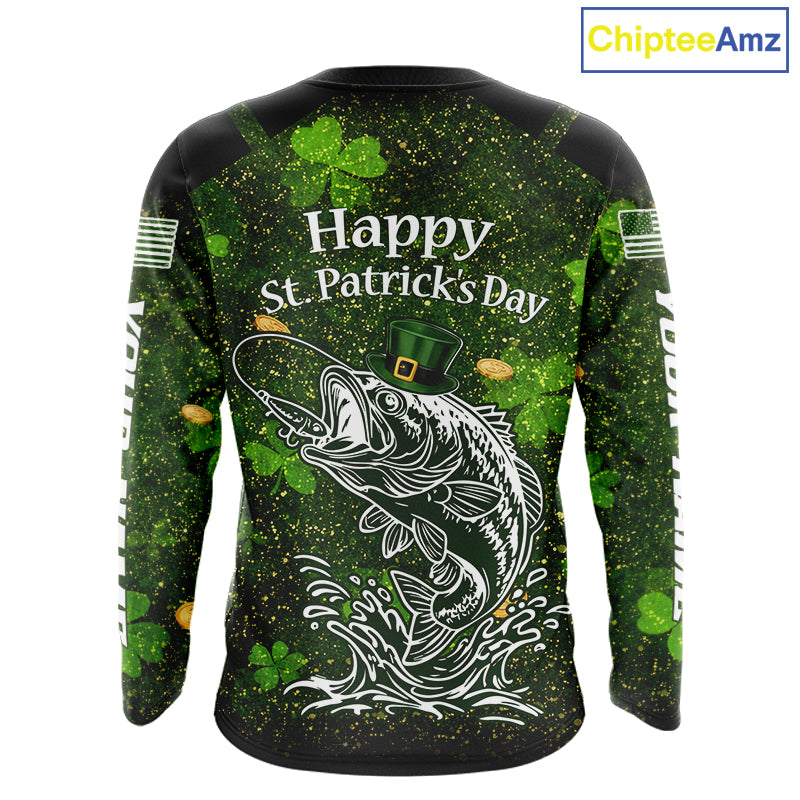 Custom St Patrick's Day American Flag Bass Long Sleeve Fishing Shirts, Patriotric Bass Fishing Jerseys NBT381