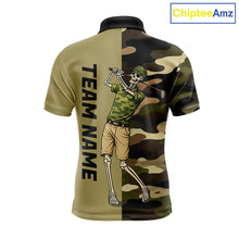 Load image into Gallery viewer, Funny Skull Golf Polo Shirts Green Camo Pattern Custom Name Skull Playing Golf Apparel NBT625