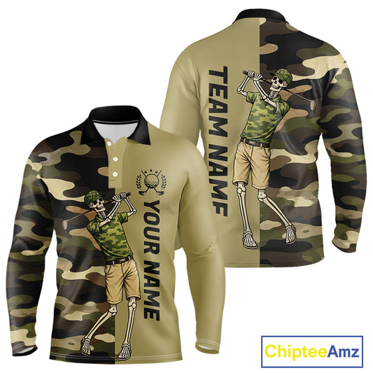 Funny Skull Golf Polo Shirts Green Camo Pattern Custom Name Skull Playing Golf Apparel NBT625