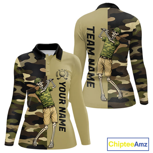 Funny Skull Golf Polo Shirts Green Camo Pattern Custom Name Skull Playing Golf Apparel NBT625