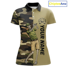 Load image into Gallery viewer, Funny Skull Golf Polo Shirts Green Camo Pattern Custom Name Skull Playing Golf Apparel NBT625