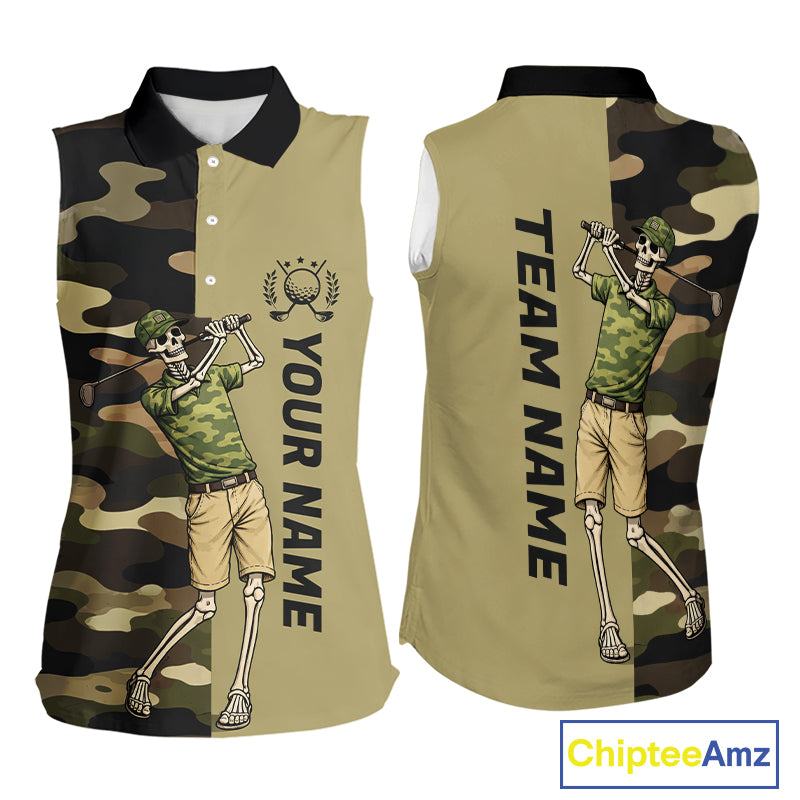 Funny Skull Womens Sleeveless Golf Polo Shirts Green Camo Pattern Custom Name Skull Playing Golf Apparel NBT625