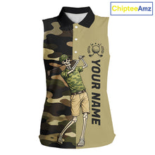 Load image into Gallery viewer, Funny Skull Womens Sleeveless Golf Polo Shirts Green Camo Pattern Custom Name Skull Playing Golf Apparel NBT625