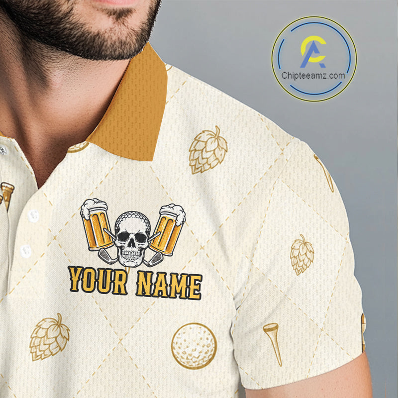 Close-up UPF polyester fabric "born to golf forced to work" beer argyle pattern custom golf shirt moisture-wicking