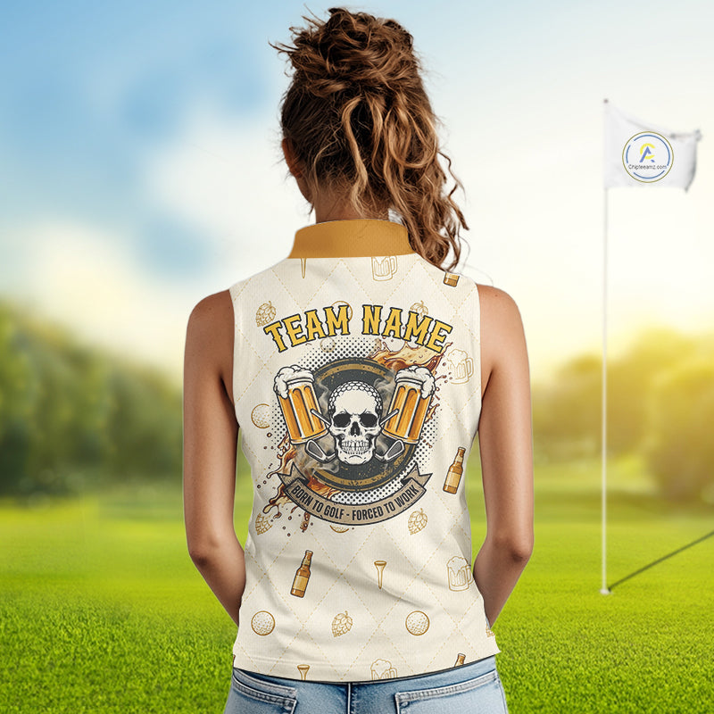 woman model in custom name Born To Golf Forced To Work womens golf polo shirt