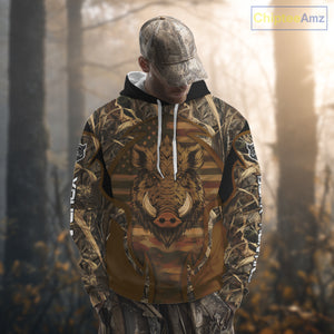 Personalized Wild Boar Hunting Brown Camo US Flag Printed Shirts, Hunting Gifts NBT235
