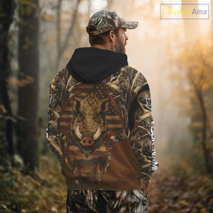 Personalized Wild Boar Hunting Brown Camo US Flag Printed Shirts, Hunting Gifts NBT235