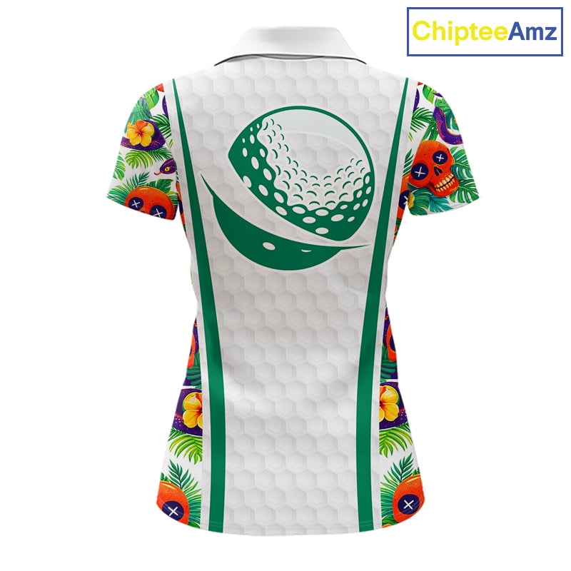 Funny Golf Skull Tropical Pattern Golf Polo Shirt Custom Name Golf Shirts For Womens NBT519