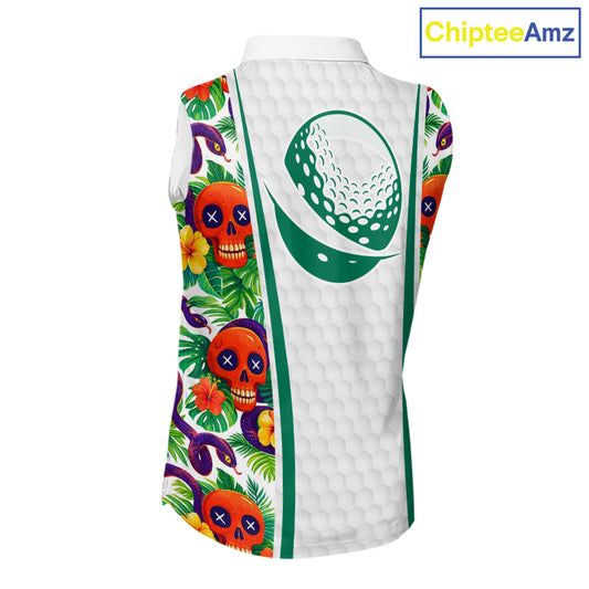 Funny Sleeveless Golf Skull Tropical Pattern Golf Polo Shirt Custom Name Golf Shirts For Womens NBT519
