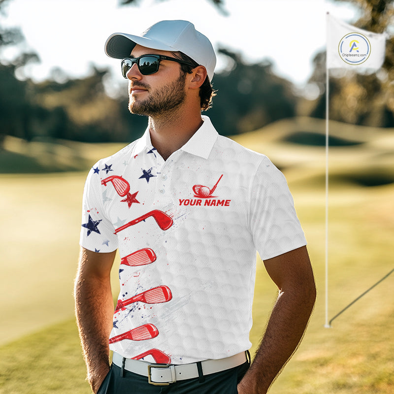 Man on a golf course wearing a custom polo shirt with golf club design and 'Your Name' text.