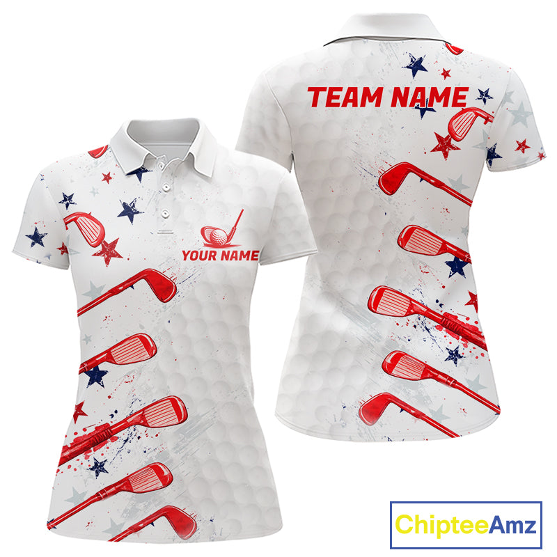White polo shirt with red and blue designs and 'Your Name' 'Team Name' text