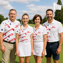 Load image into Gallery viewer, Four people in matching golf-themed outfits on a golf course with an American flag in the background.