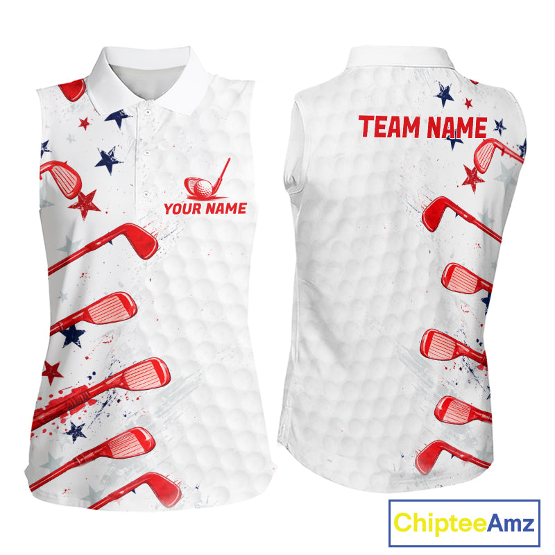 White sleeveless sports shirt with red and blue designs and customizable text on a white background.