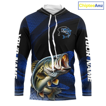 Front view of personalized camo bass long sleeve hooded fishing shirt with personalized name on sleeves 