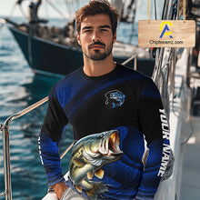 Load image into Gallery viewer, Angler wearing personalized camo bass long sleeve fishing shirt on a boat