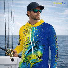 Load image into Gallery viewer, Angler wearing custom Mahi Mahi saltwater long sleeve hooded fishing shirt on a boat