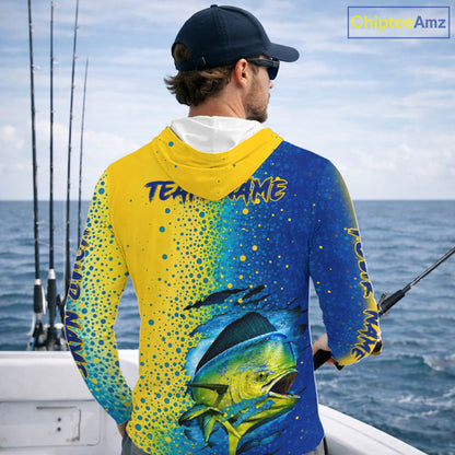 Fisherman on the water wearing Mahi Mahi long sleeve hooded UV protection shirt with personalized name