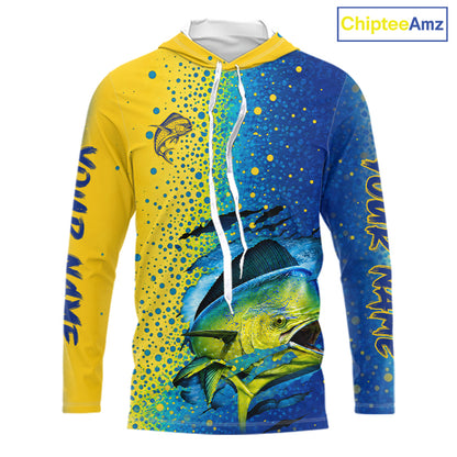 Front view of custom Mahi Mahi saltwater fishing hooded long sleeve UV protection