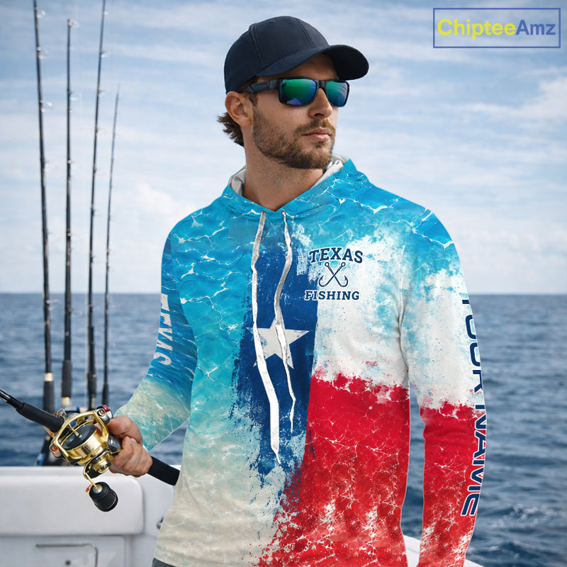 Angler wearing Texas Bass Fishing Long Sleeve Hooded Fishing Shirt while fishing on the water