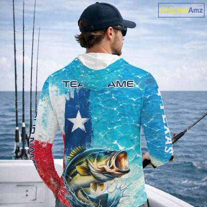 Angler wearing Texas Bass Fishing Long Sleeve Hooded Fishing Shirt while fishing on the water with personalized name