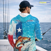 Load image into Gallery viewer, Angler wearing Texas Bass Fishing Long Sleeve Hooded Fishing Shirt with personalized name 