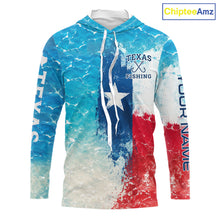 Load image into Gallery viewer, Front view of Texas Catfish Fishing ocean camo hooded shirt with Texas flag design